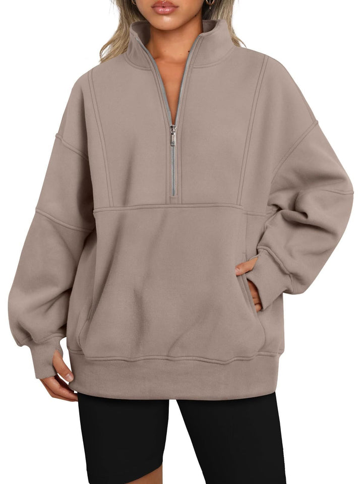 Women's Oversized Sweatshirt with Half Zipper, Stand-Up Collar and Kangaroo Pocket Mune Fashion
