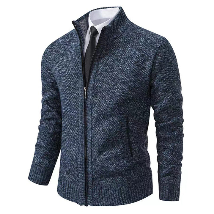 Men's melange knit zip jacket with high stand-up collar, fine texture and concealed side pockets Mune Fashion