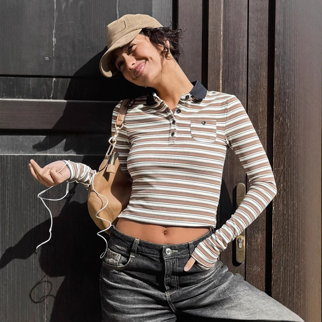 Women's striped polo crop long sleeve with contrast collar and breast pocket Mune Fashion