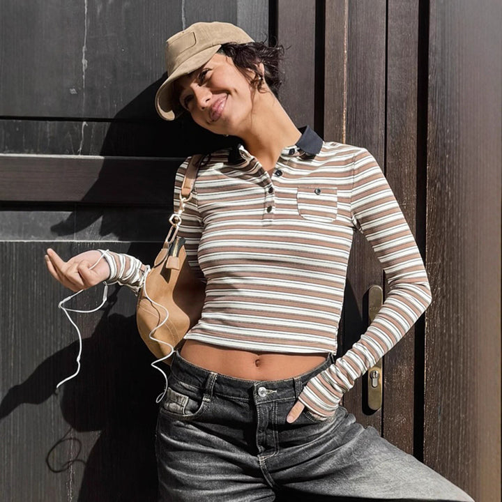 Women's striped polo crop long sleeve with contrast collar and breast pocket Mune Fashion