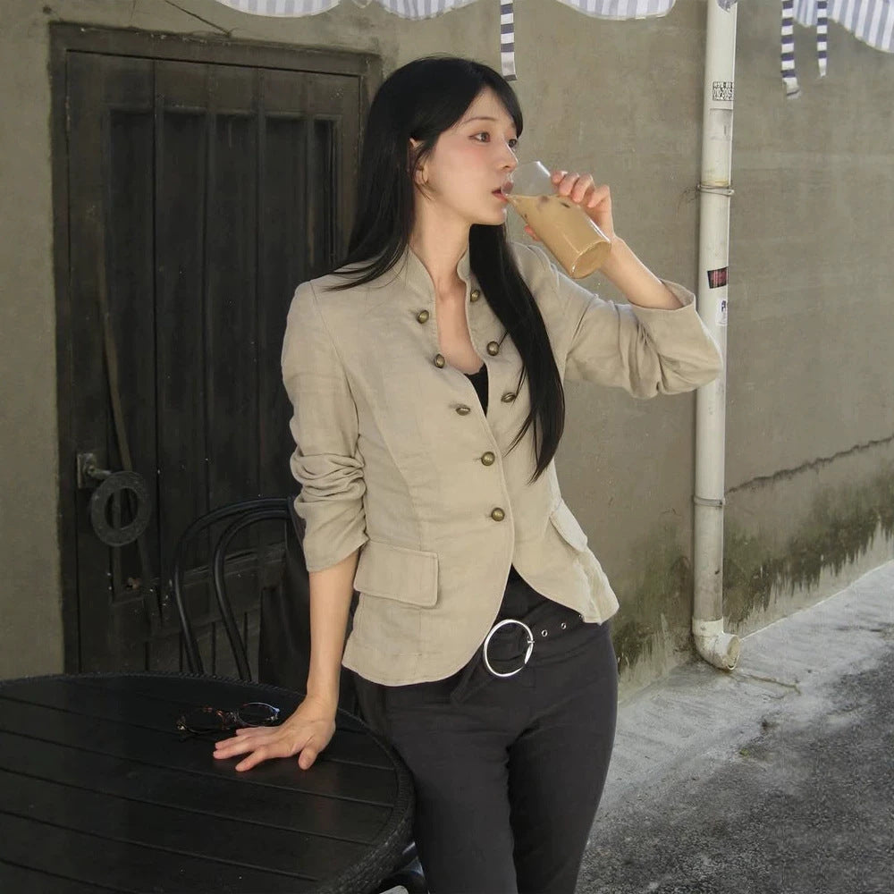 Women Tailored Linen Blazer with Stand-up Collar and Decorative Button Placket Mune Fashion