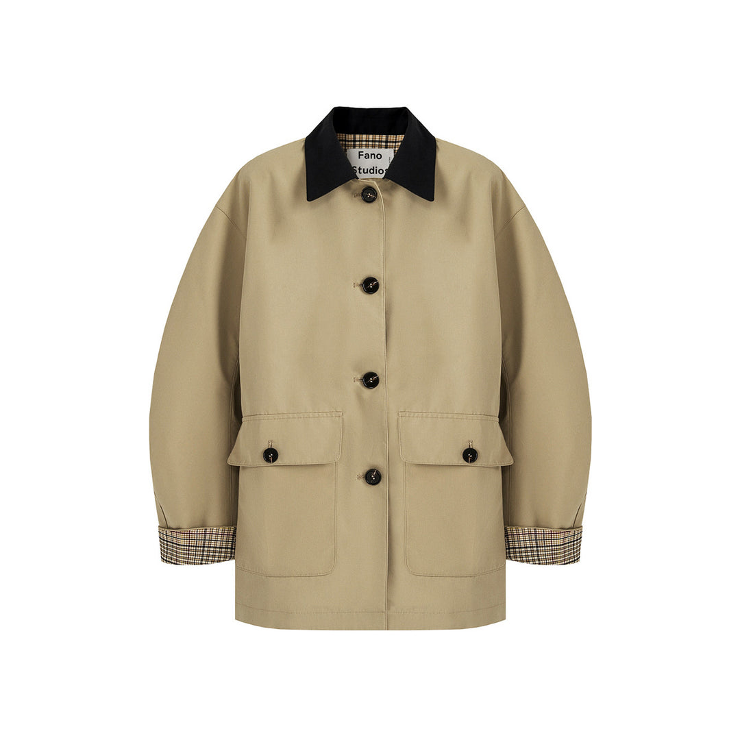 Women's Short Trench Coat with Check Lining and Contrast Collar Mune Fashion