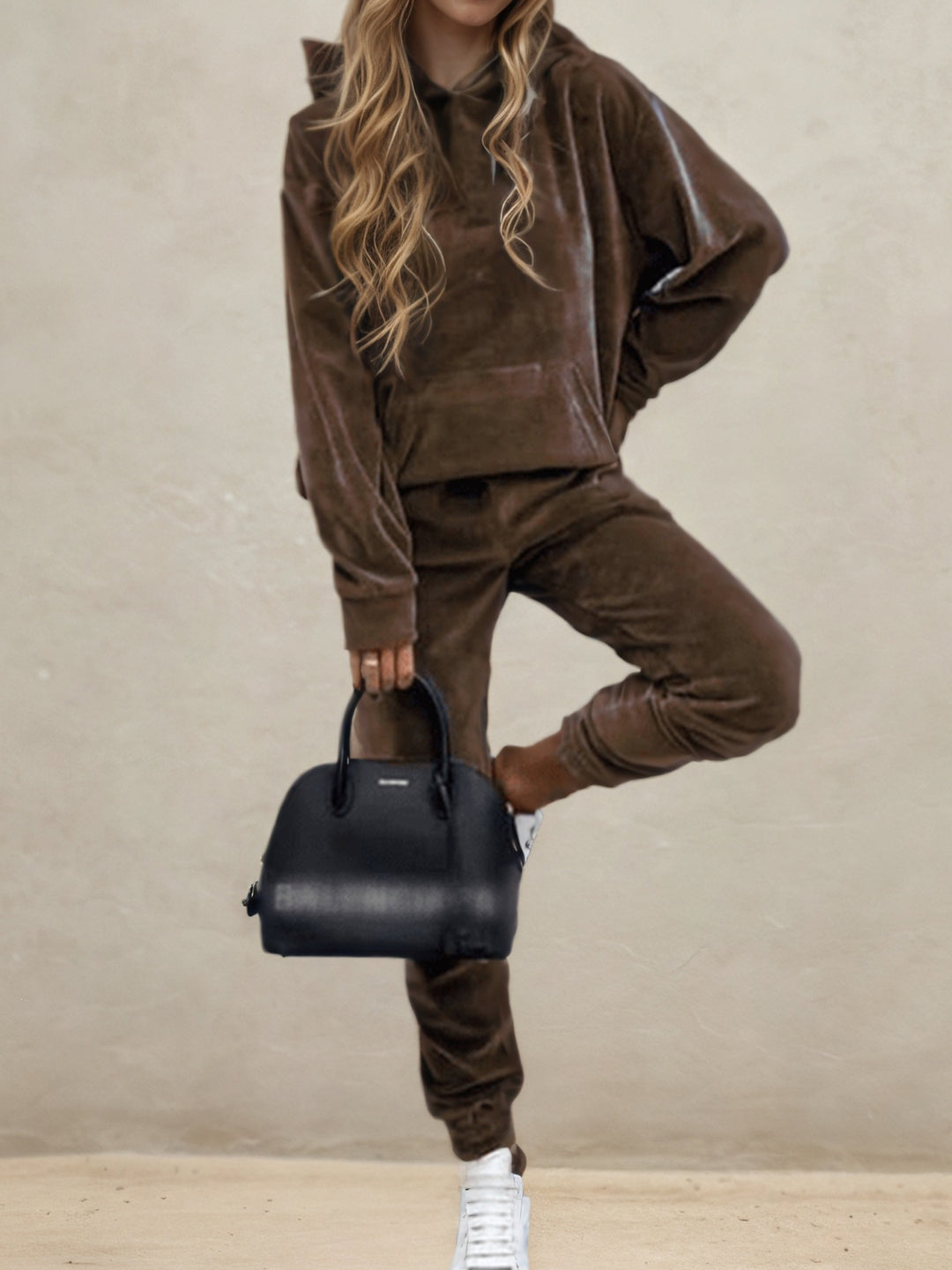 Women's Velvet Tracksuit with Hooded Hoodie, Kangaroo Pocket and Elastic Cuff Pants Mune Fashion