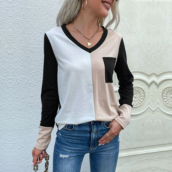 Women's Elegant Colorblock Long Sleeve Shirt with V-Neck and Chest Pocket Mune Fashion