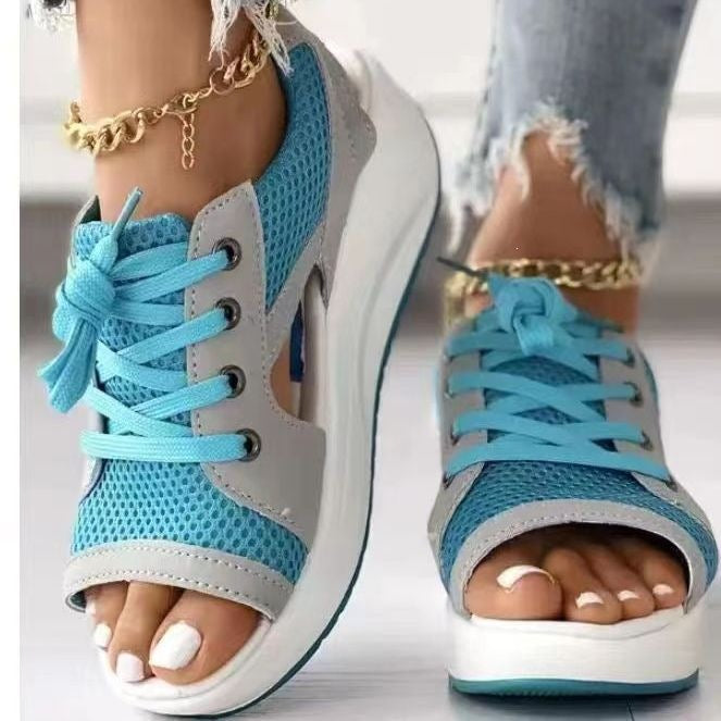 Women's Sporty Wedge Sandals with Breathable Mesh, Open Toes and Lacing Mune Fashion