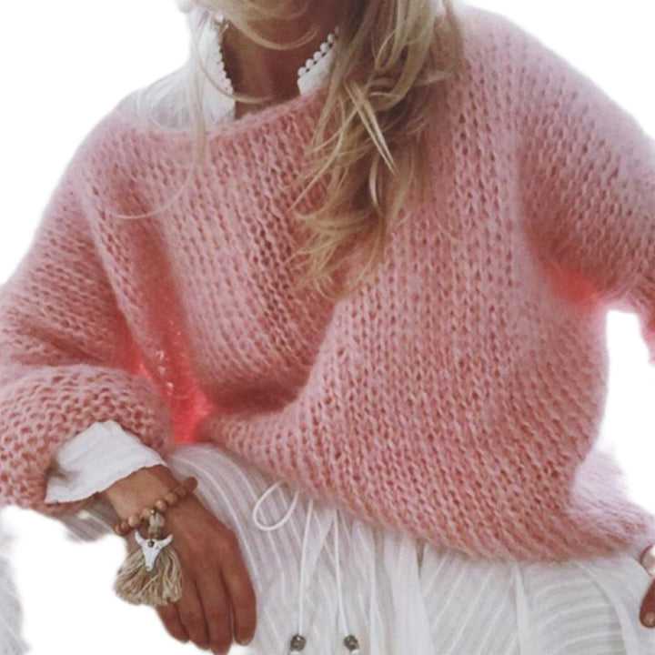 Women's Short Cut Fluffy Chunky Knit Sweater with Dropped Shoulder Mune Fashion