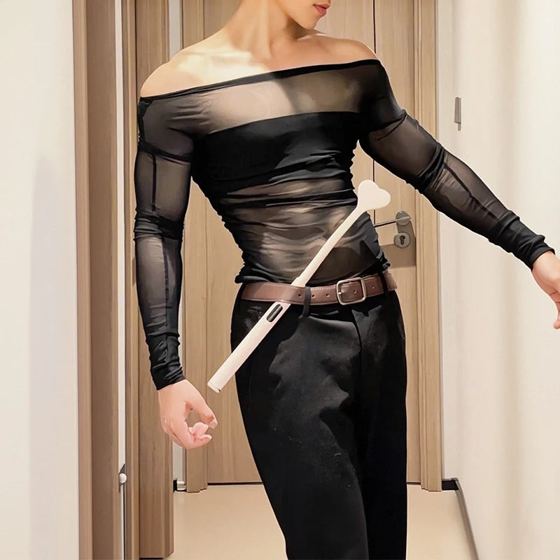 Ladies' sheer mesh long sleeve top with opaque chest band and wide round neckline Mune Fashion