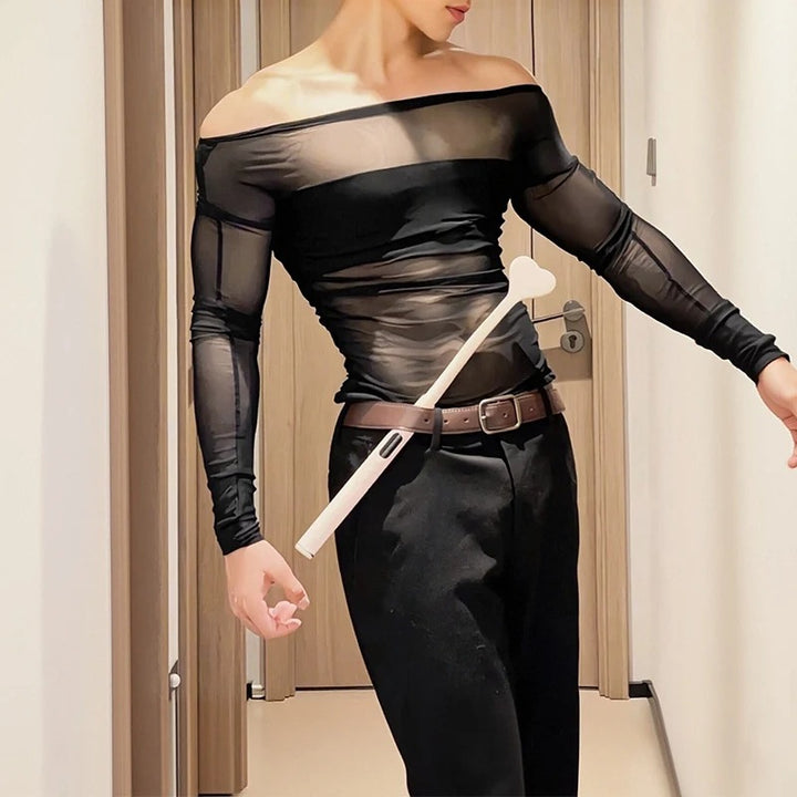 Ladies' sheer mesh long sleeve top with opaque chest band and wide round neckline Mune Fashion