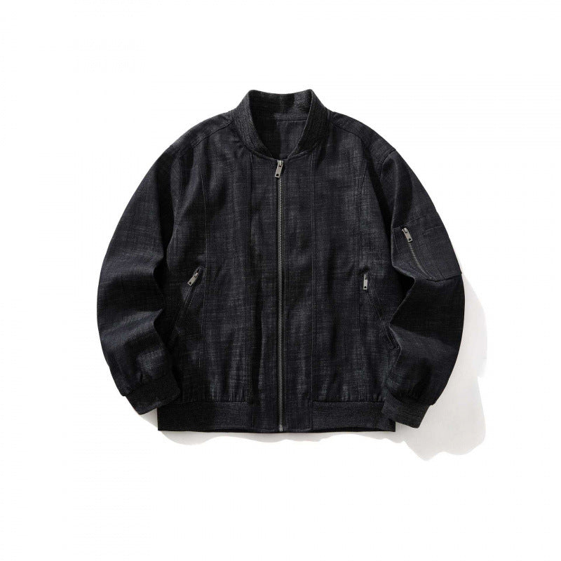 Men's cropped boxy denim bomber jacket with zipper, insert pockets, and sleeve zipper Mune Fashion