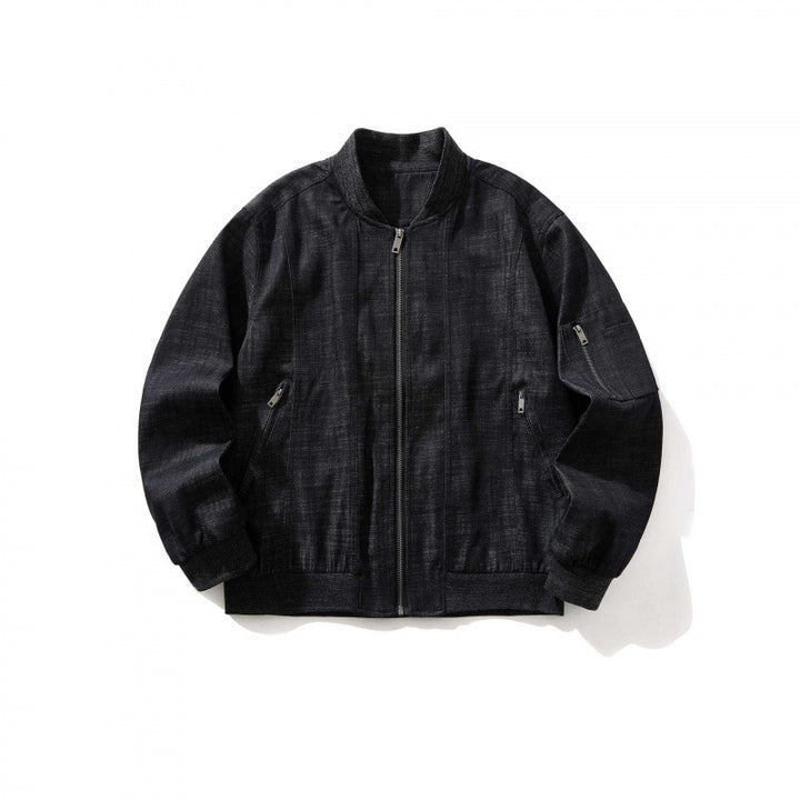 Men's cropped boxy denim bomber jacket with zipper, insert pockets, and sleeve zipper Mune Fashion
