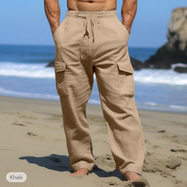 Men's relaxed-fit leisure cargo pants made of linen blend with tunnel drawstring waistband, flap pockets, and relaxed beach fit Mune Fashion