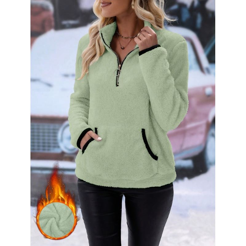 Women's fluffy fleece cuddle pullover with half zipper, kangaroo pocket and stand-up collar Mune Fashion