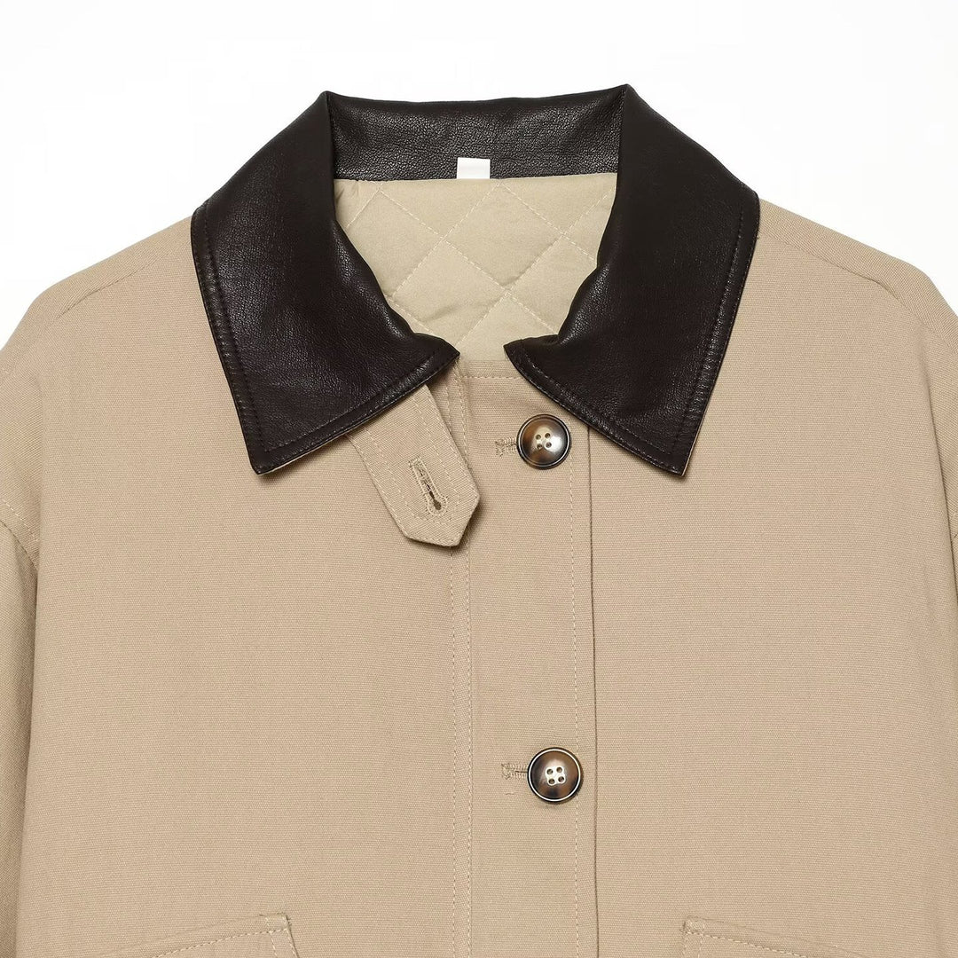 Women's Short Jacket with Contrasted Leather Collar and Cuffed Sleeves Mune Fashion