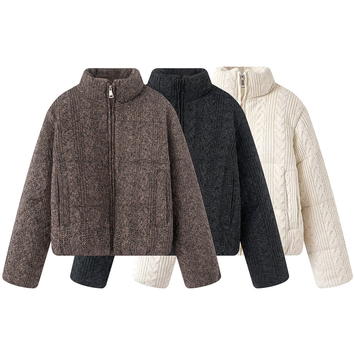 Women nano quilted knit-look quilted jacket with cable pattern, stand-up collar and side pockets Mune Fashion