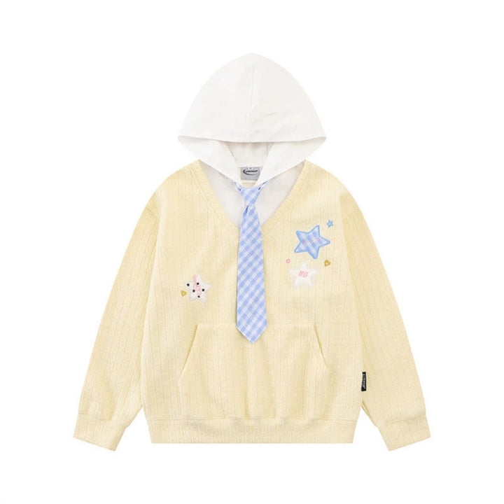 Women's hoodie with V-neck, attached tie application and star patches Mune Fashion