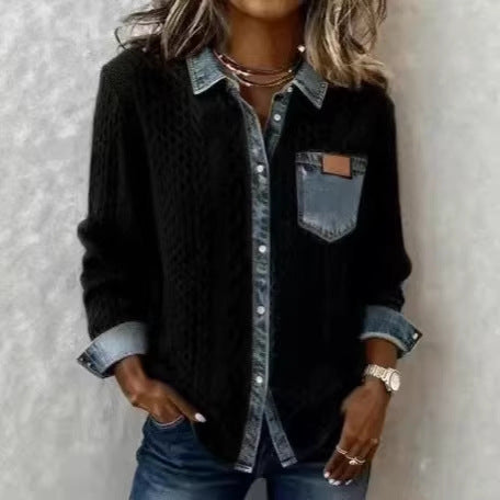 Women's braided knit sweater with integrated denim collar and chest pocket Mune Fashion