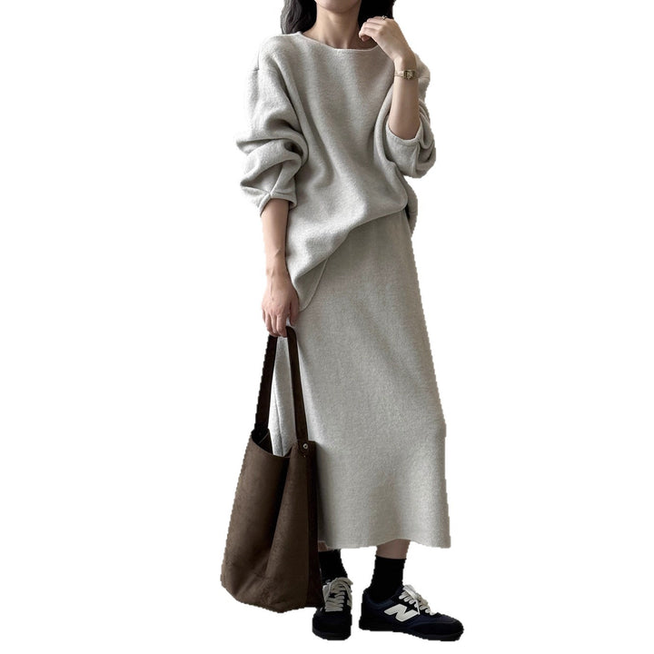 Women Cozy Knit Set Oversized Sweater with Wide Round Neckline and Midi Skirt Mune Fashion