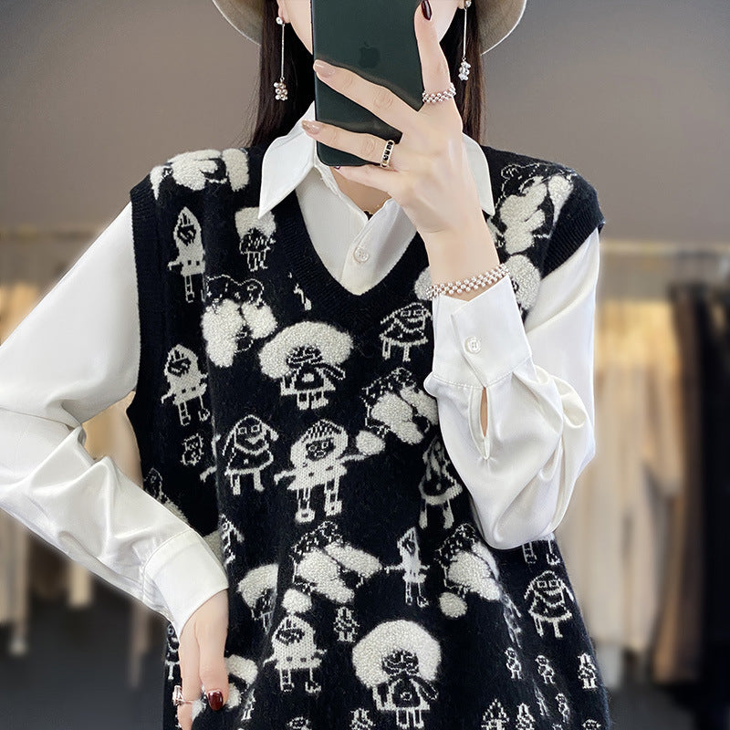 Women's Oversized Knitted Vest with V-Neck and Playful Jacquard Design Mune Fashion