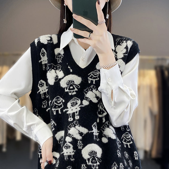 Women's Oversized Knitted Vest with V-Neck and Playful Jacquard Design Mune Fashion