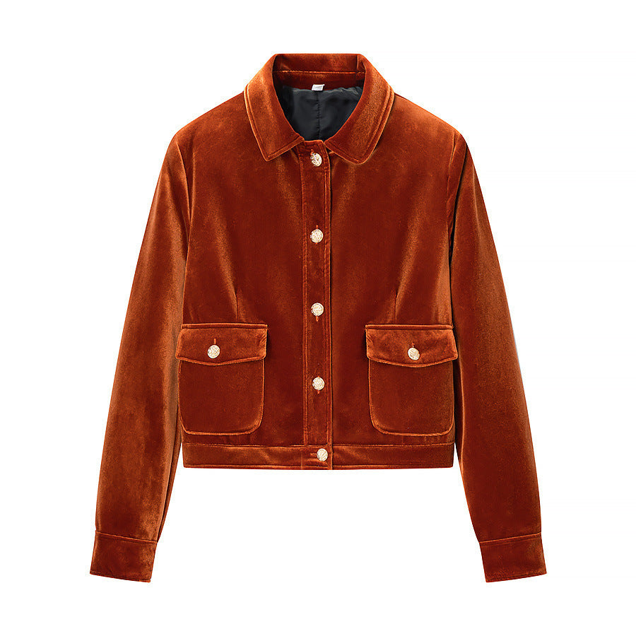 Women's short jacket in velvet look with shirt collar, applied flap pockets, and gold-colored decorative buttons Mune Fashion