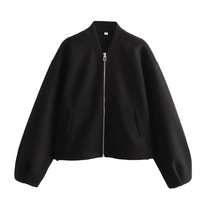 Women's cropped minimalist bomber jacket with concealed zipper and patch hand pockets Mune Fashion