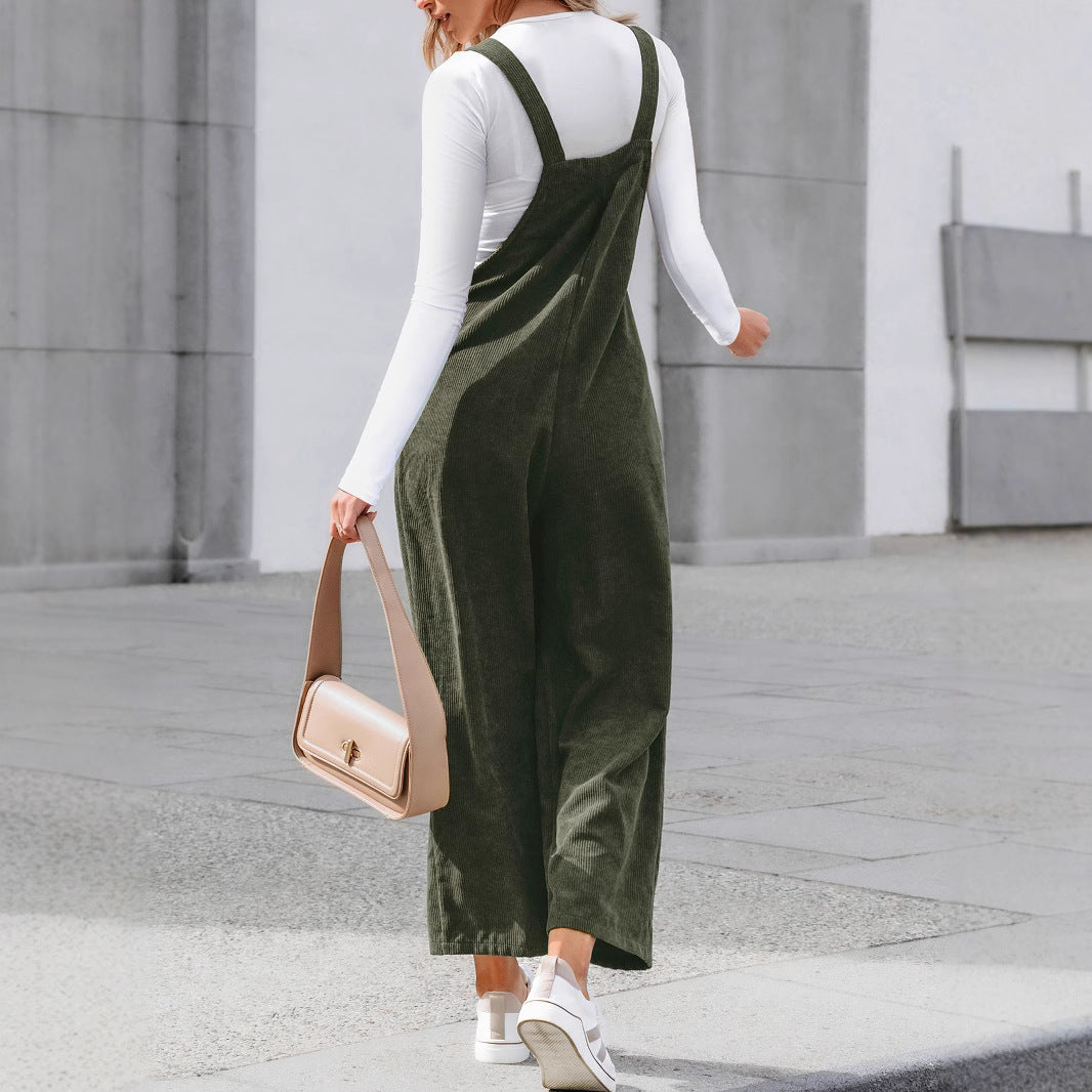 Women's Casual Corduroy Overall Pants with Wide Leg & Adjustable Straps Mune Fashion