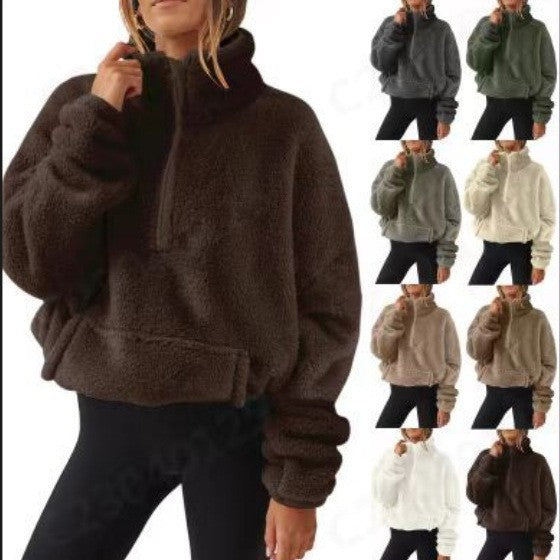 Women’s Oversize Half-Zip Teddy Fleece Pullover with Kangaroo Pocket and High Stand Collar Mune Fashion