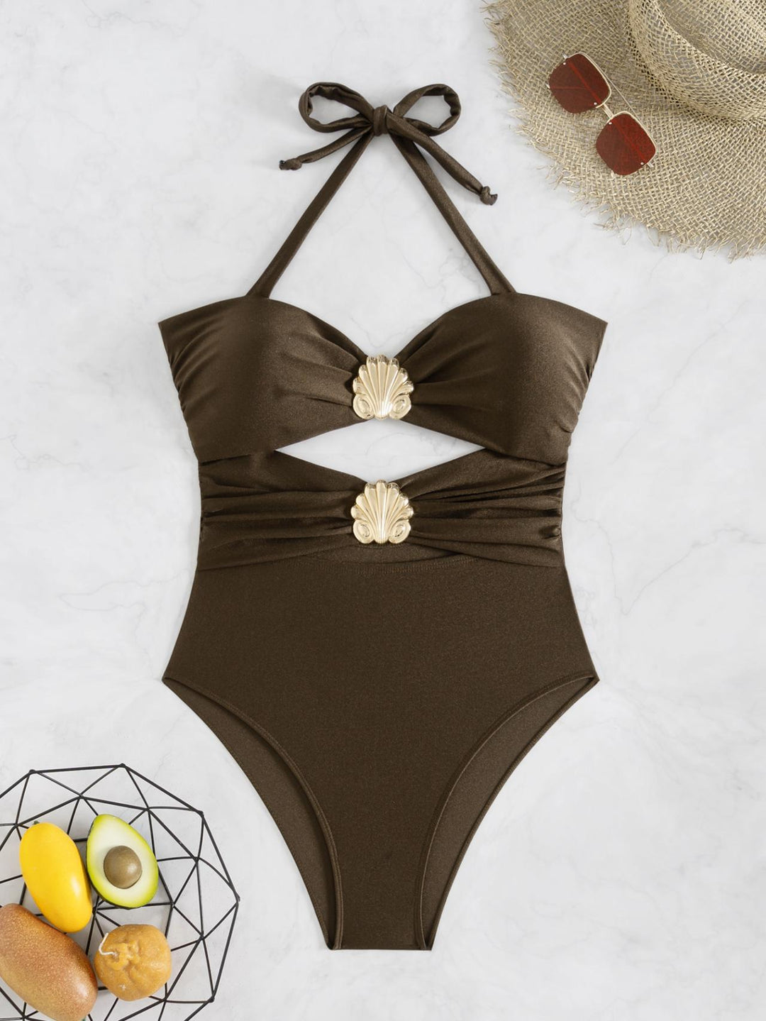 Women High-Quality One-Piece Swimsuit with Stylish Wrap Design and Decorative Shell Detail Mune Fashion