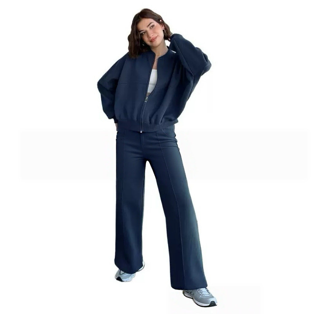 Women’s cropped bomber jacket with zipper and loose high-waist joggers set Mune Fashion