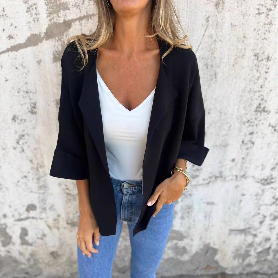 Women's light open knit cardigan with shawl collar, roll-up sleeves and boxy silhouette Mune Fashion