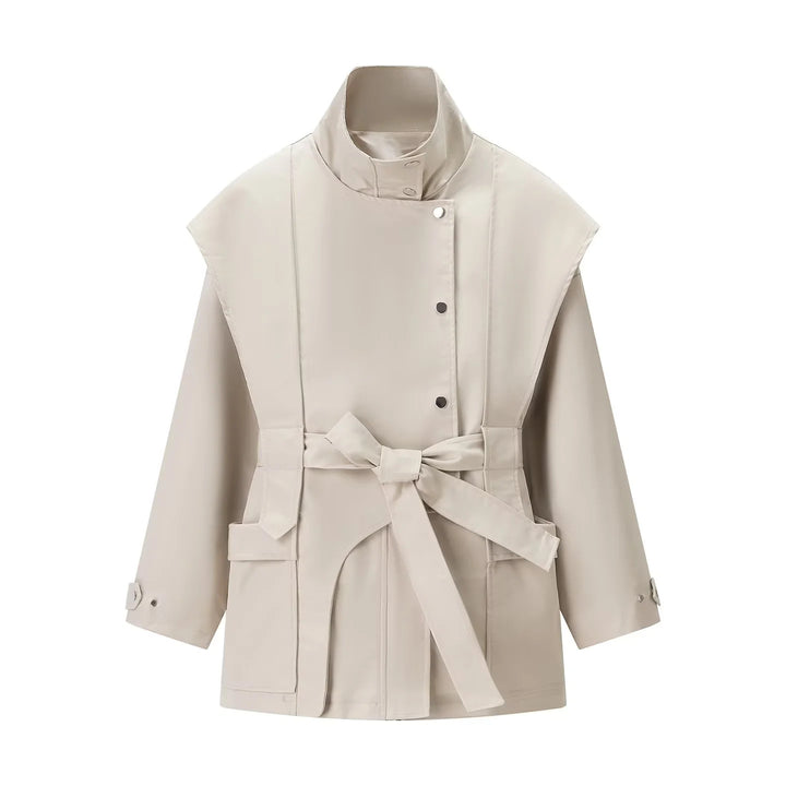 Women's short trench coat with cape shoulder, high stand-up collar and tie belt Mune Fashion