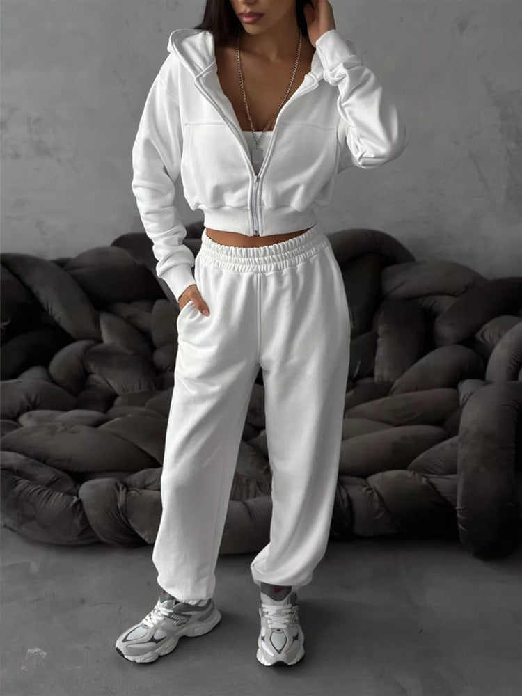Women short zip hoodie with fitted cuff and wide high-waist French terry jogging pants set Mune Fashion