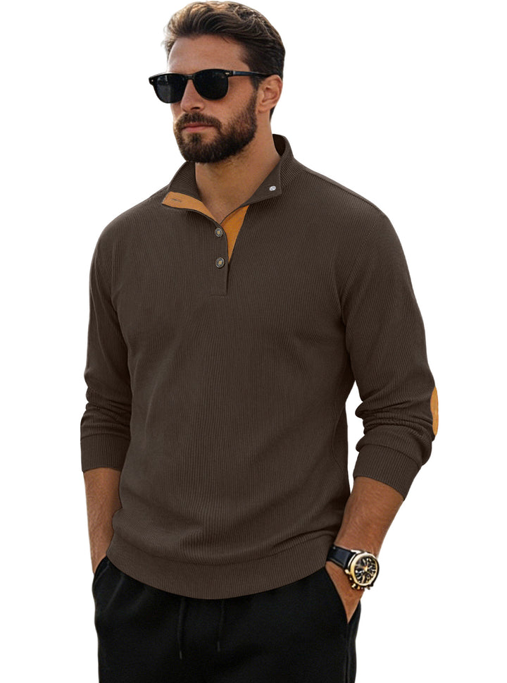 Men's fine ribbed knitted pullover with polo collar button placket and elbow patch Mune Fashion