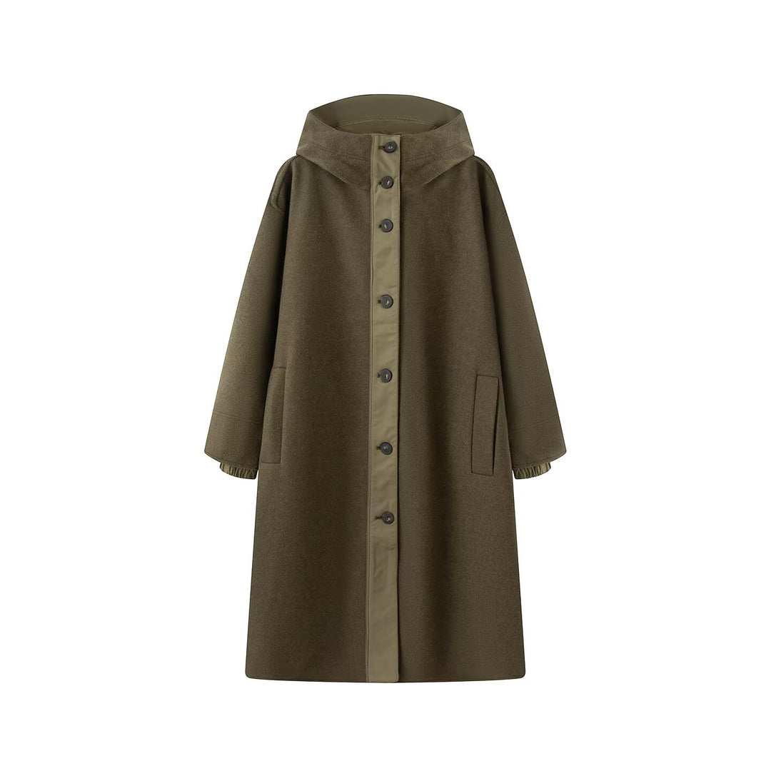 Women's Oversize Wool-like Coat with Hood and Button Placket Mune Fashion