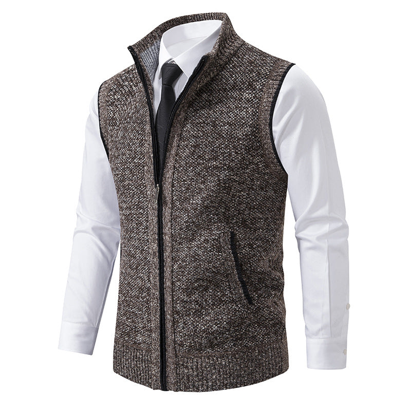 Men's Slim-Fit Sleeveless Structured Knit Vest with Stand Collar and Front Zipper Mune Fashion