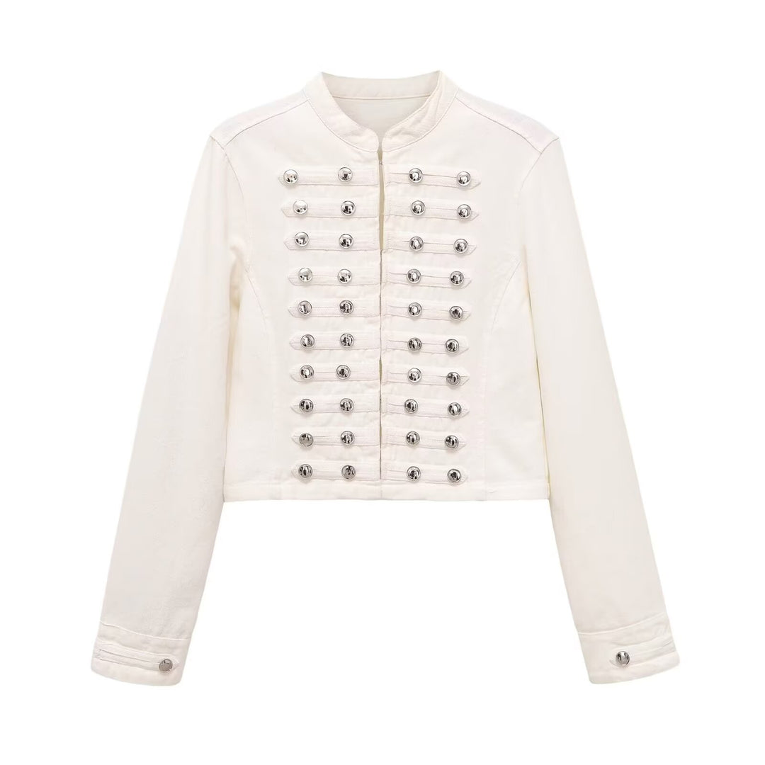 Women's military-style jeans jacket with stand-up collar and decorative button plackets Mune Fashion