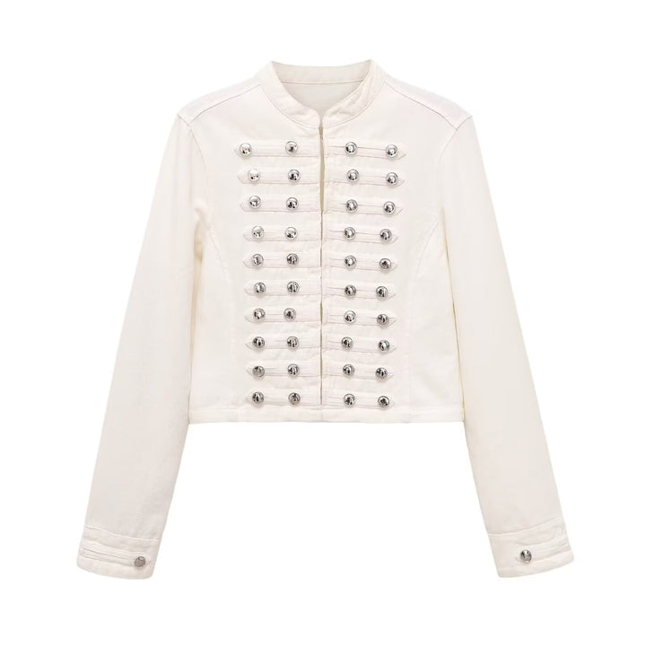 Women's military-style jeans jacket with stand-up collar and decorative button plackets Mune Fashion