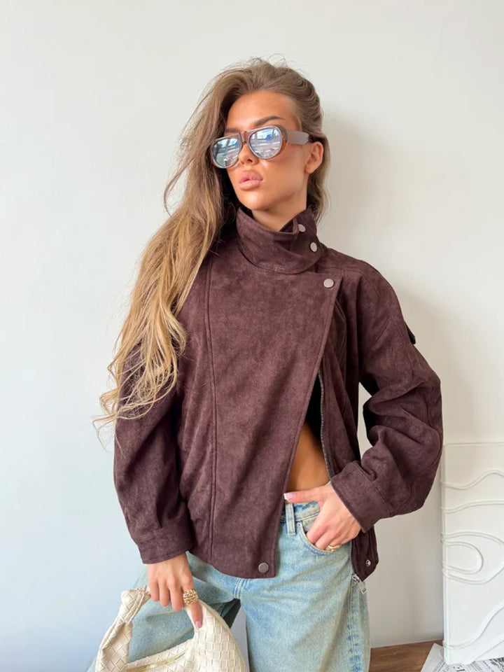 Women Oversize Suede-Look Biker Jacket with High Standing Collar Mune Fashion