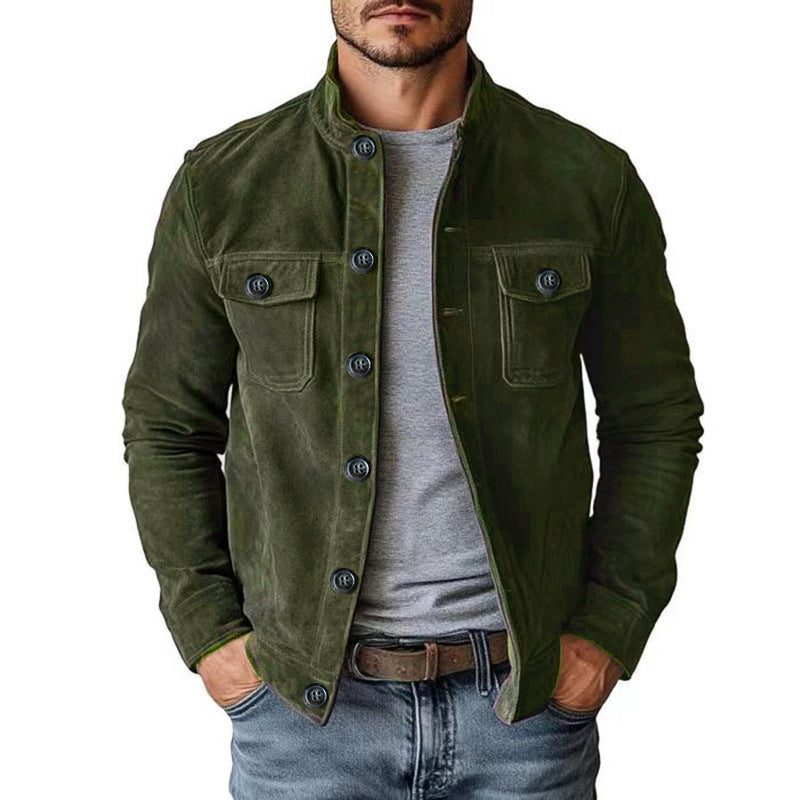 Men's classic suede jacket with stand-up collar, button placket and patch breast pockets Mune Fashion
