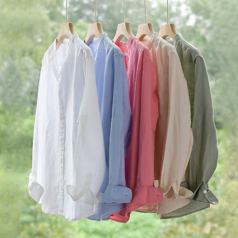 Men's Lightweight Linen Blend Stand Collar Shirt in Relaxed Fit with Full Button Placket Mune Fashion