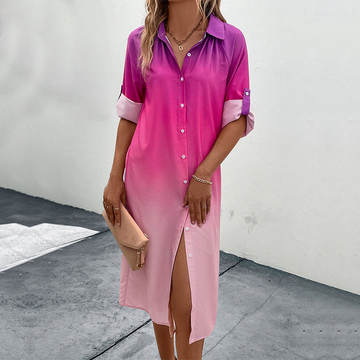 Ladies shirt dress with gentle color gradient, loose fit and roll-up three-quarter sleeves Mune Fashion