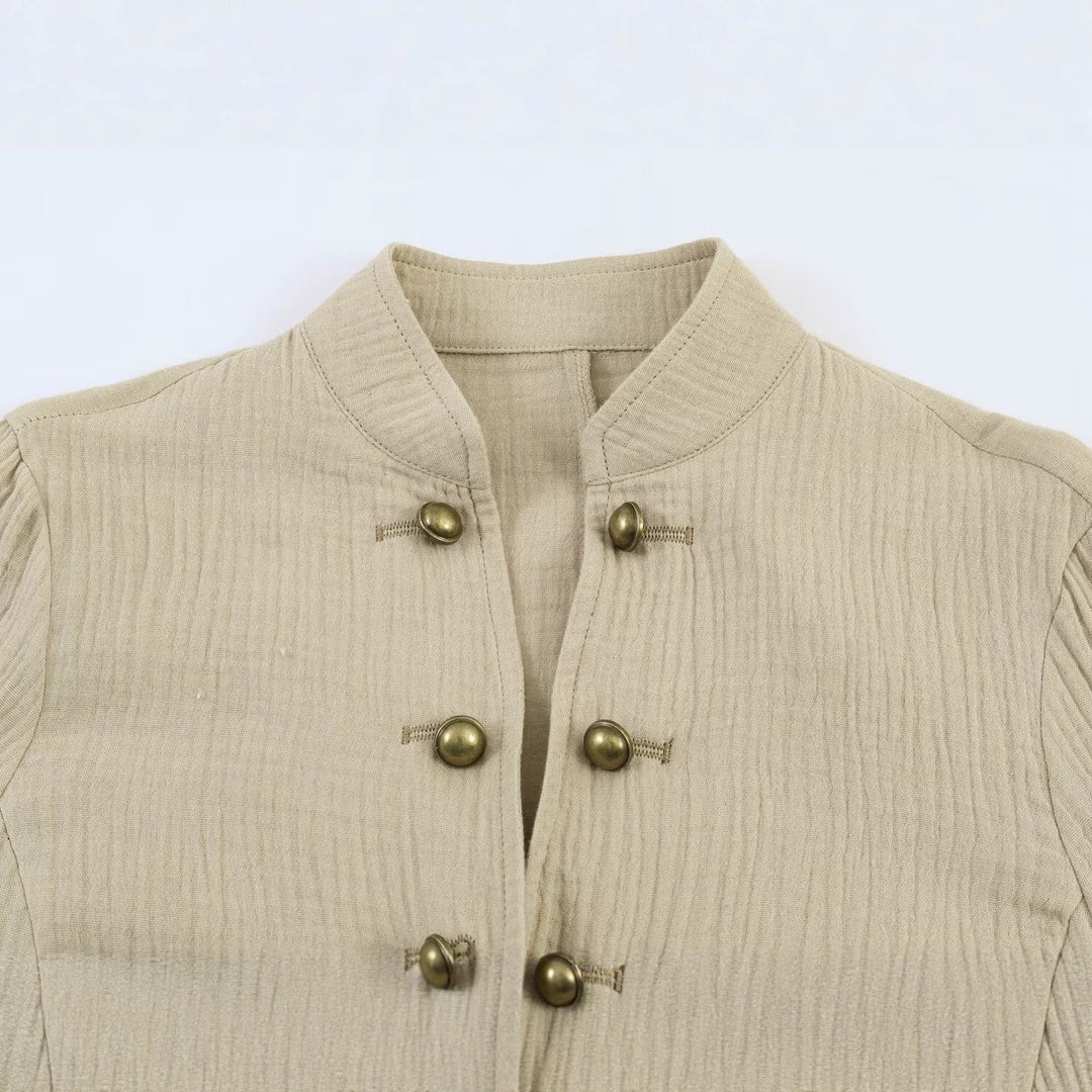 Women Structured Stand Collar Jacket with Decorative Metal Buttons Mune Fashion
