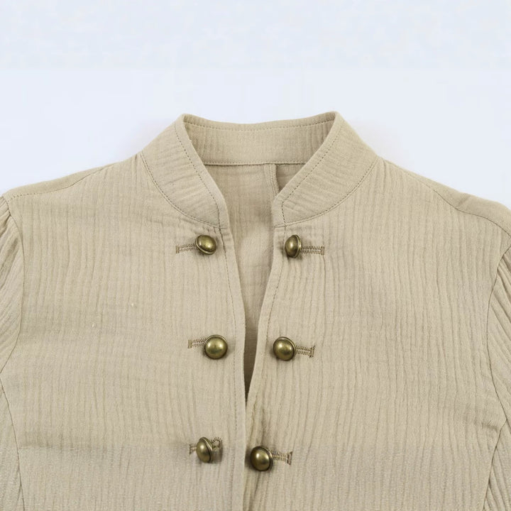 Women Structured Stand Collar Jacket with Decorative Metal Buttons Mune Fashion