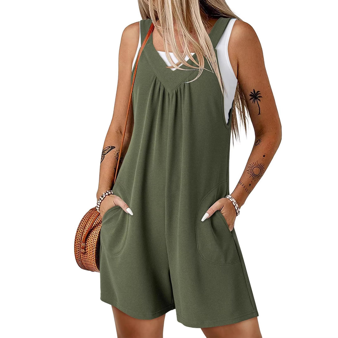 Women's Sleeveless Waffle Shorts Jumpsuit with V-Neck and Side Pockets Mune Fashion