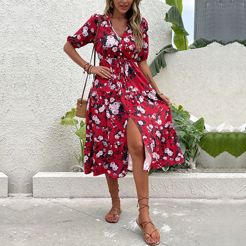 Women's Floral Midi Dress with V-Neck, Tie Belt, Ruffle Layers and Leg Slit Mune Fashion