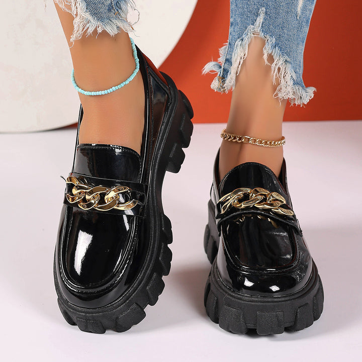 Women's trendy patent loafers with chunky profile sole and gold chain application Mune Fashion