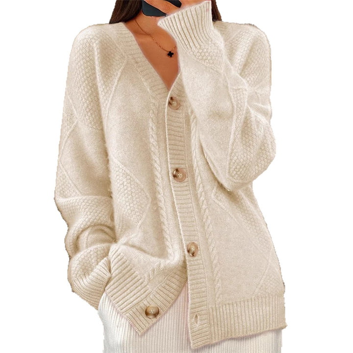 Women's oversized knitted cardigan with cable pattern, V-neck and large buttons Mune Fashion