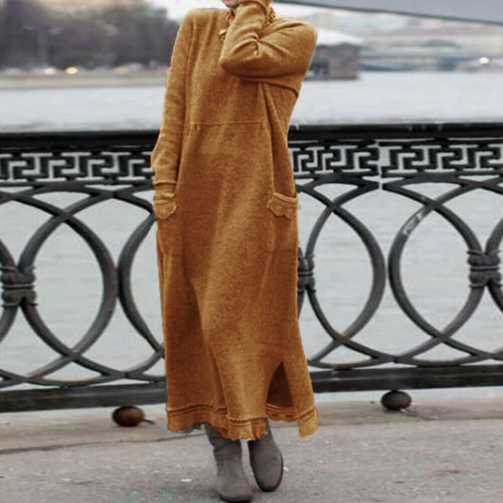 Women's long knit maxi dress with side slits and patch pockets Mune Fashion