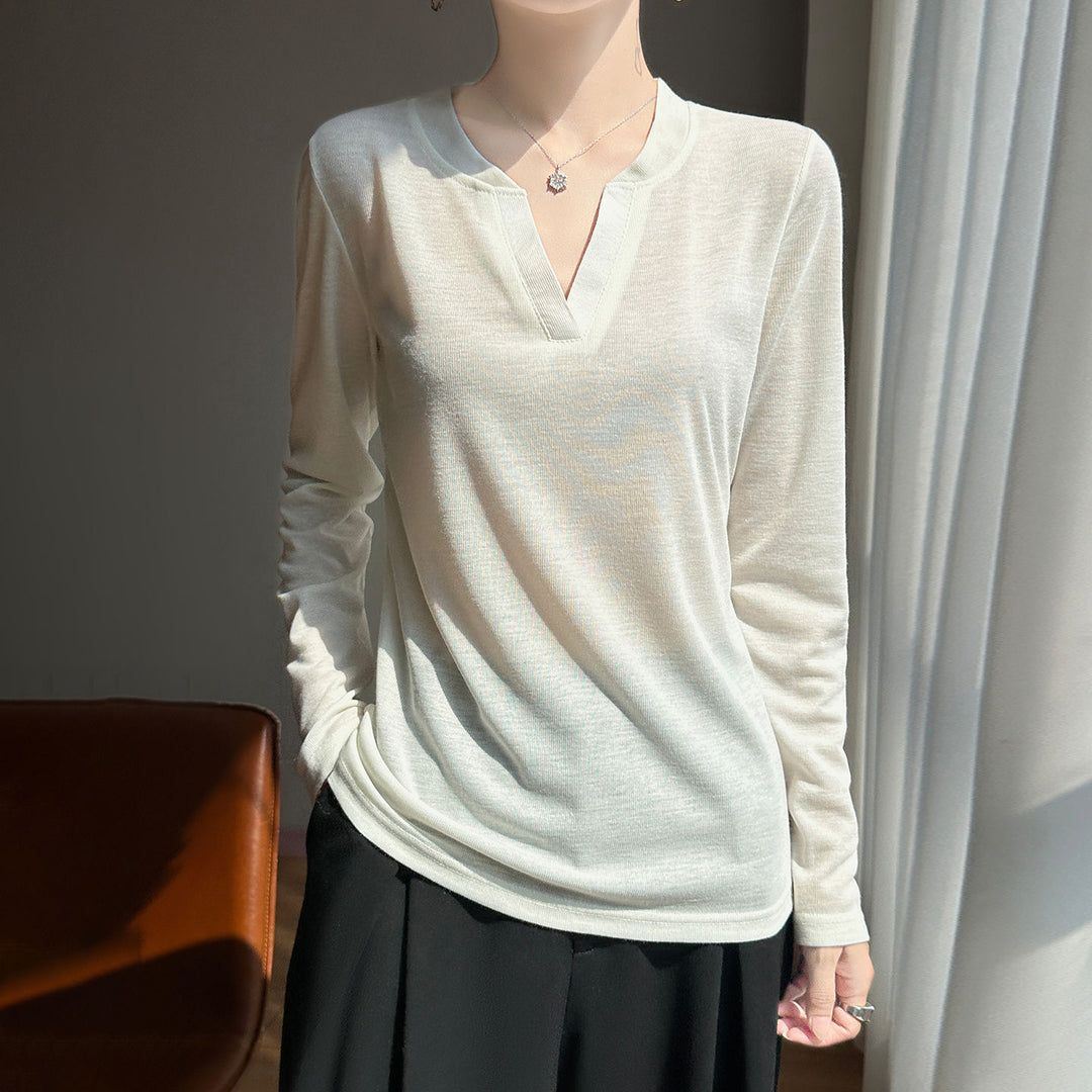 Women's Long-Sleeved Fine Knit Shirt with Slit V-Neck Mune Fashion