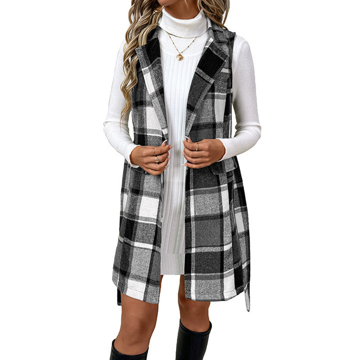 Women Checked Long Jacket Without Sleeves Mune Fashion